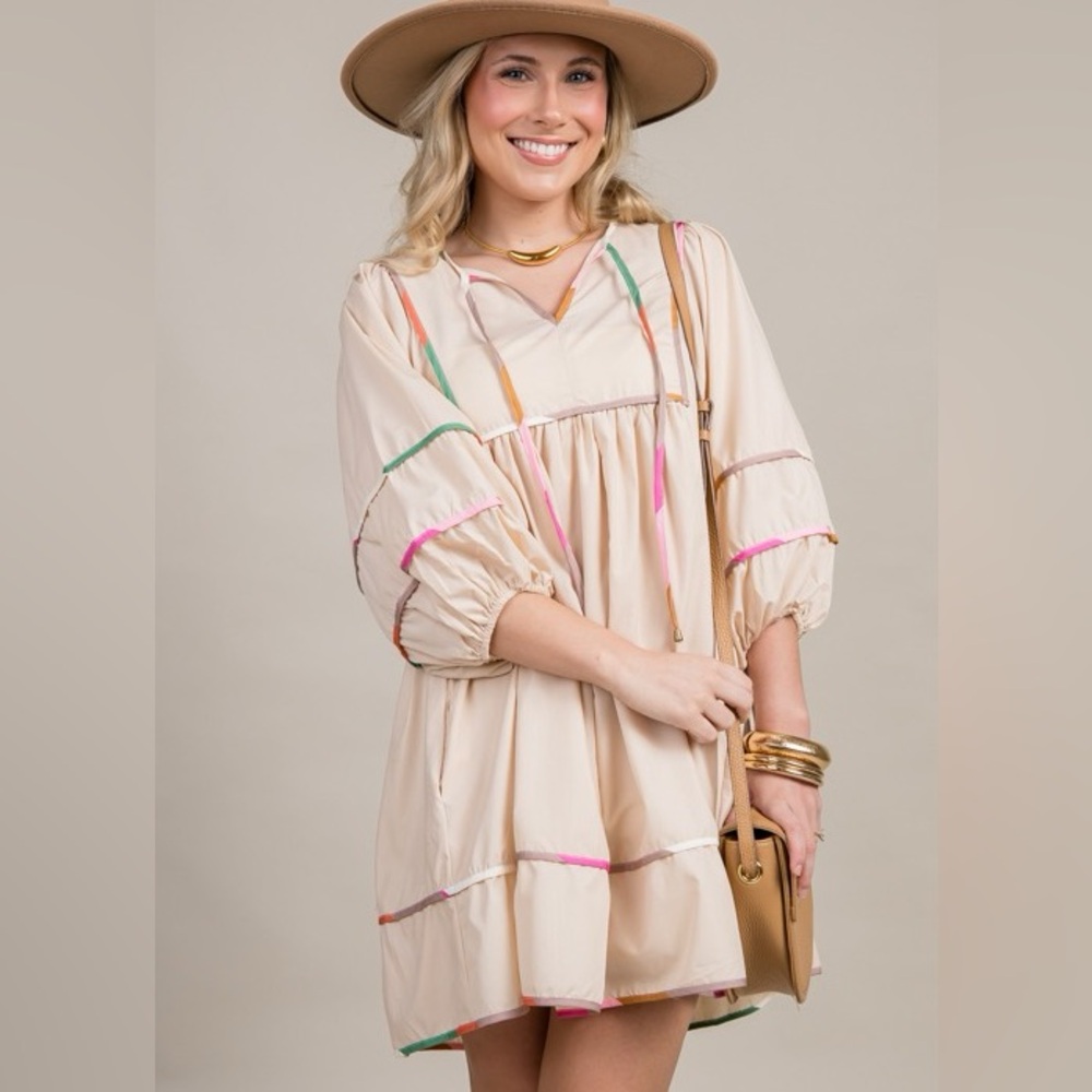 Entro Beige Babydoll Dress with Multicolor Accents